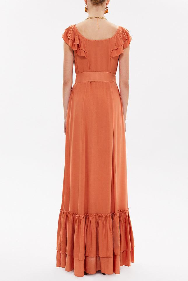 Orange Ruffled shoulder maxi dress 92390