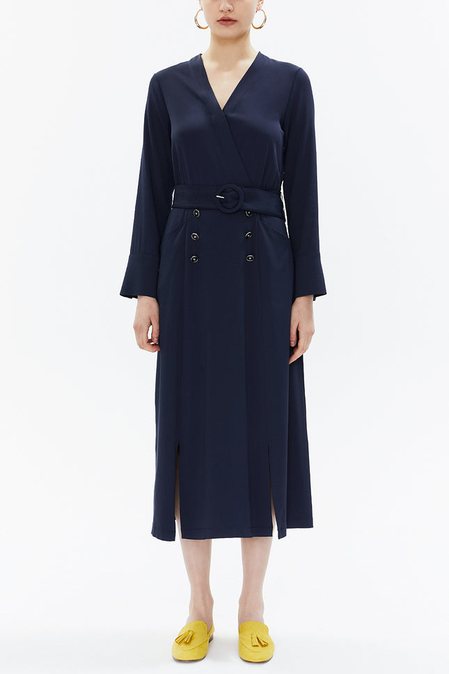 Navy Blue Wrap-over belted midi dress 93322