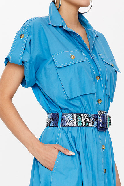 Blue Pocket elastic waist maxi dress 93098