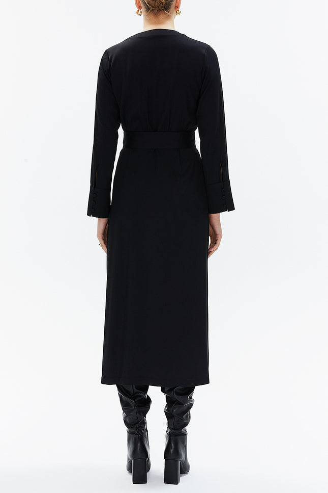 Black Wrap-over belted midi dress 93322