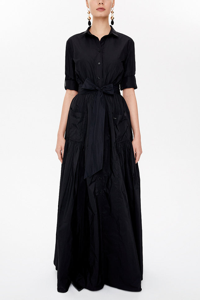 Black Pleated maxi taffeta shirt dress 94340