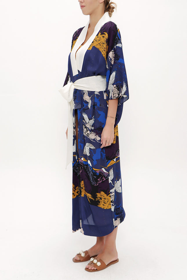 Navy Blue Long kimono belted dress 92737