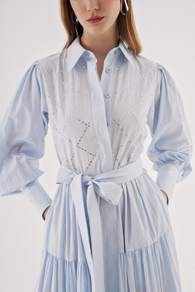 Light Blue Balloon sleeve ruffled crystal stone embellished shirt dress 94546