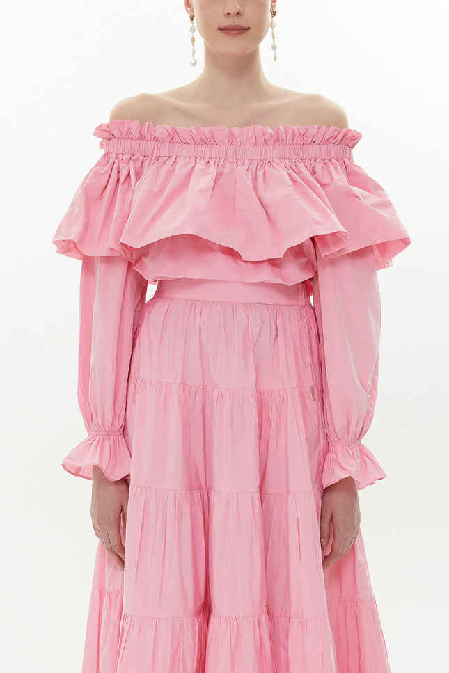 Light Pink Shoulder  elastic  balloon sleeve  crop blouse   19821
