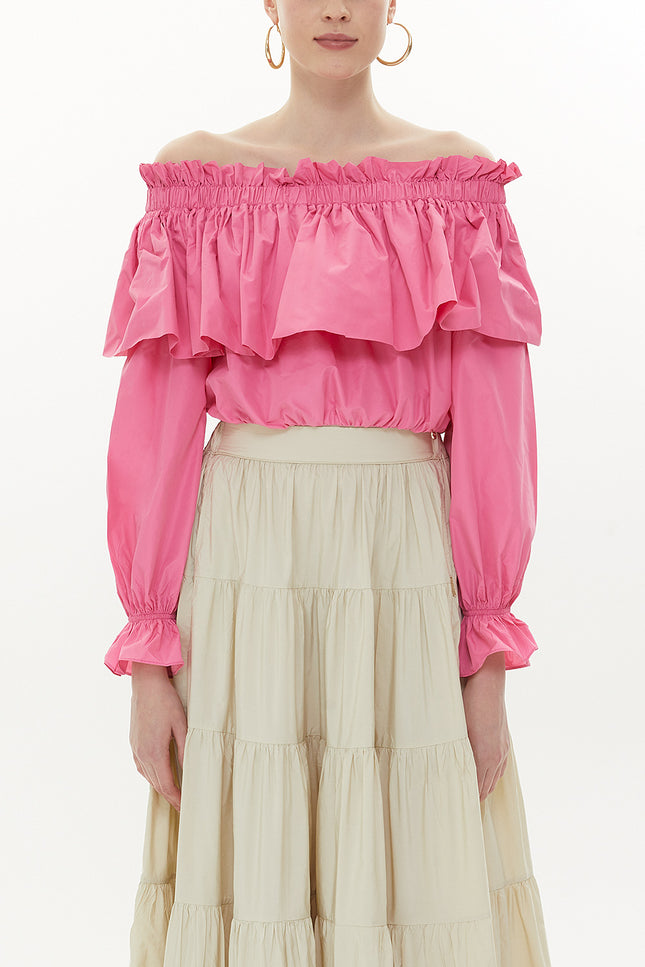 Pink Shoulder  elastic  balloon sleeve  crop blouse   19821
