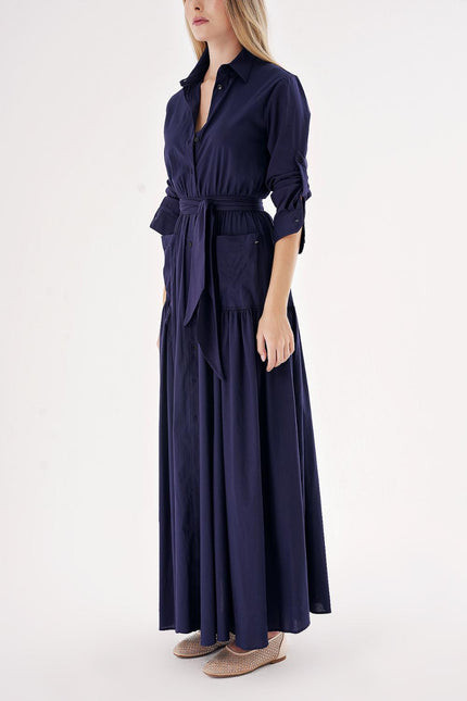 Navy Blue Taffeta maxi shirt dress 94498