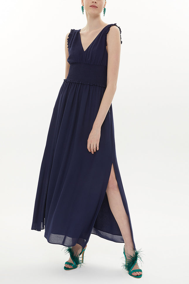 Navy Blue Elastic waist V neck sleeveless maxi dress 93348