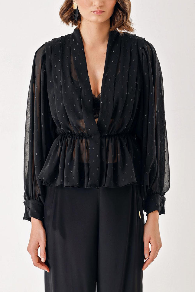 Spotted Double-breasted, draped loose chiffon shirt 10829