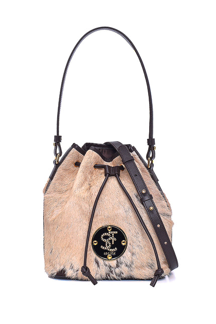 Beige leather and shearling-trimmed bucket bag 23020