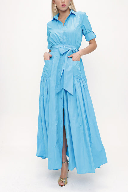 Turquoise Pleated maxi taffeta dress 93775