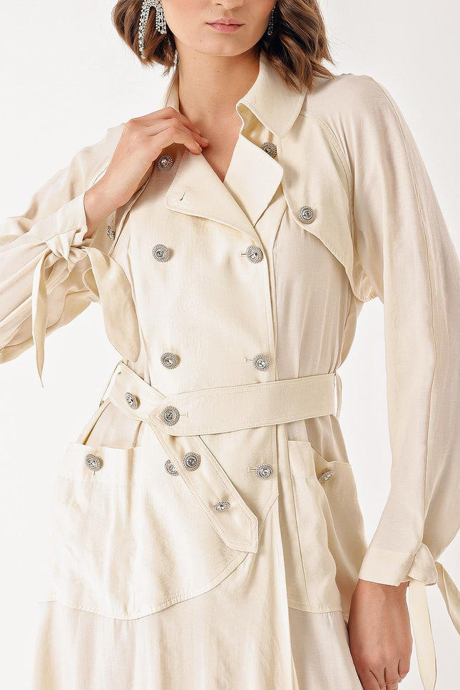 Ecru Long trench dress with crystal button detail 94400