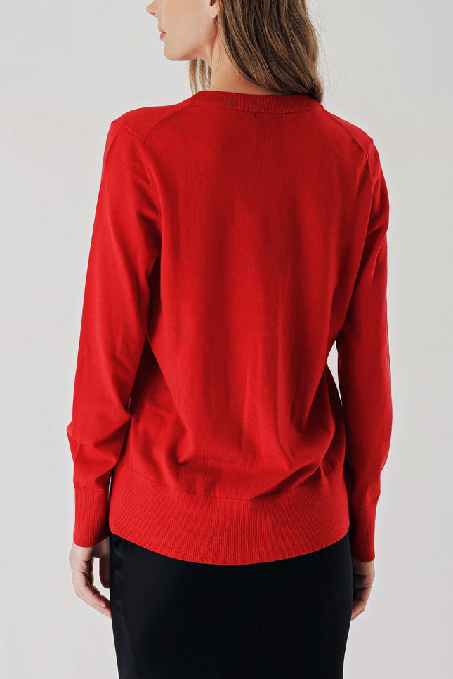 Red V-neck woolen long knit cardigan 28867