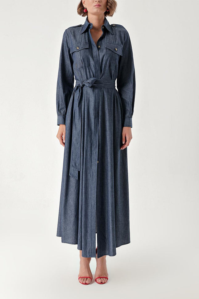 Lacivert Çıt çıt detaylı uzun denim elbise 94270