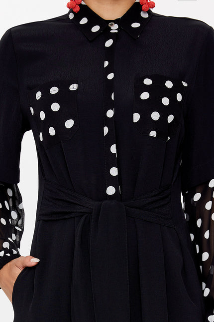 Black Lace-up chiffon sleeve midi dress 92829