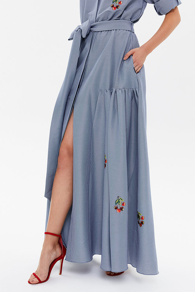 Blue Gray Embroidered maxi  dress 92866