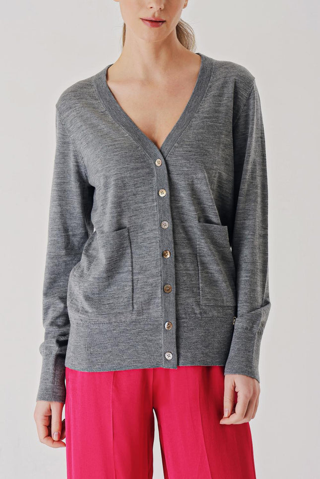 Gray V-neck woolen long knit cardigan 28867