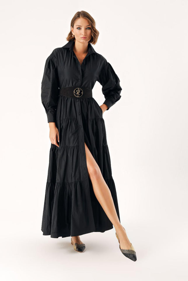 Black Long pleated dress with belt 94332