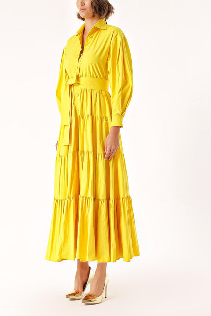 Yellow Long pleated dress with belt 94332