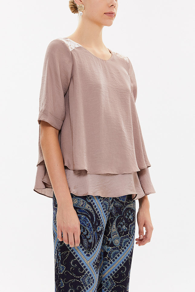 Salmon Lace combined asymmetric  blouse  19658