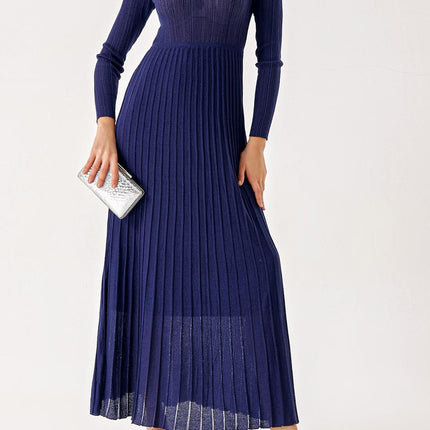 Navy Blue High collar pleated skirt long knitwear dress 28848