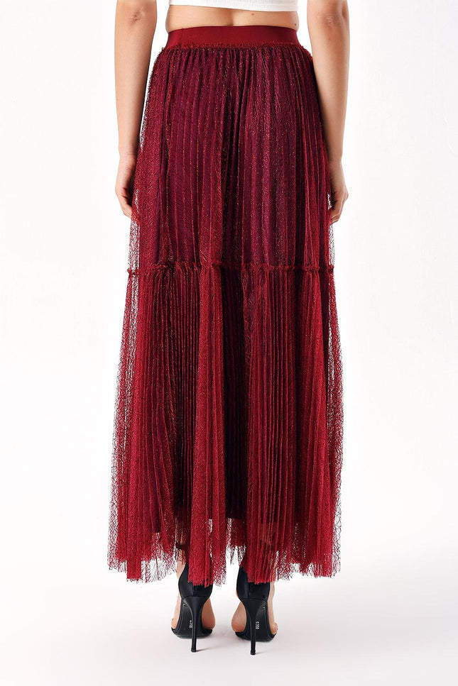 Burgundy Elastic waist pleated long tulle skirt 81235