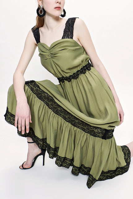 Khaki Sleevless Lace dress 93799