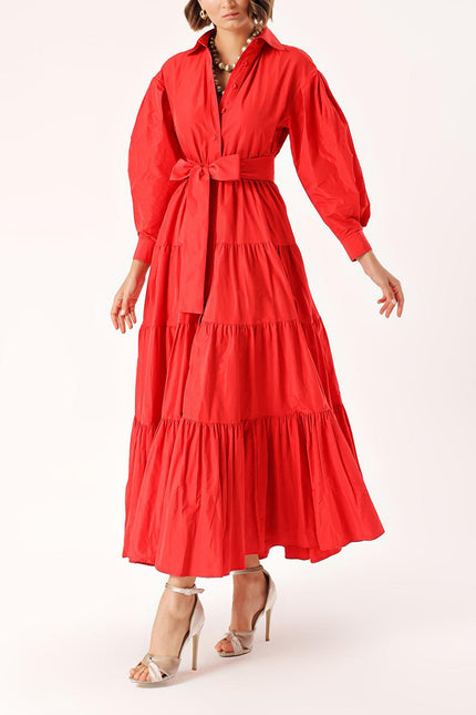 Red Long pleated dress with belt 94332