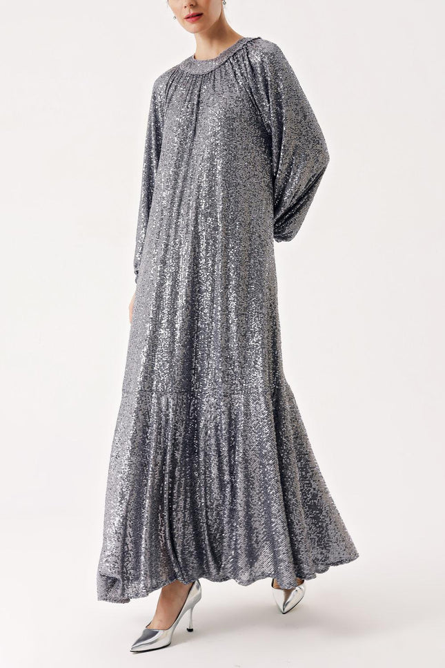 Gümüş Büzgü detaylı balon kollu payetli elbise 94468