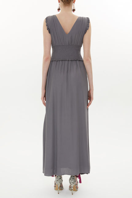 Gray Elastic waist V neck sleeveless maxi dress 93348