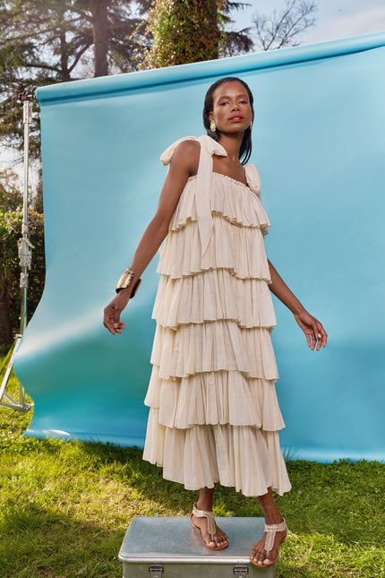 Beige Ruffled sleeveless dress 93538