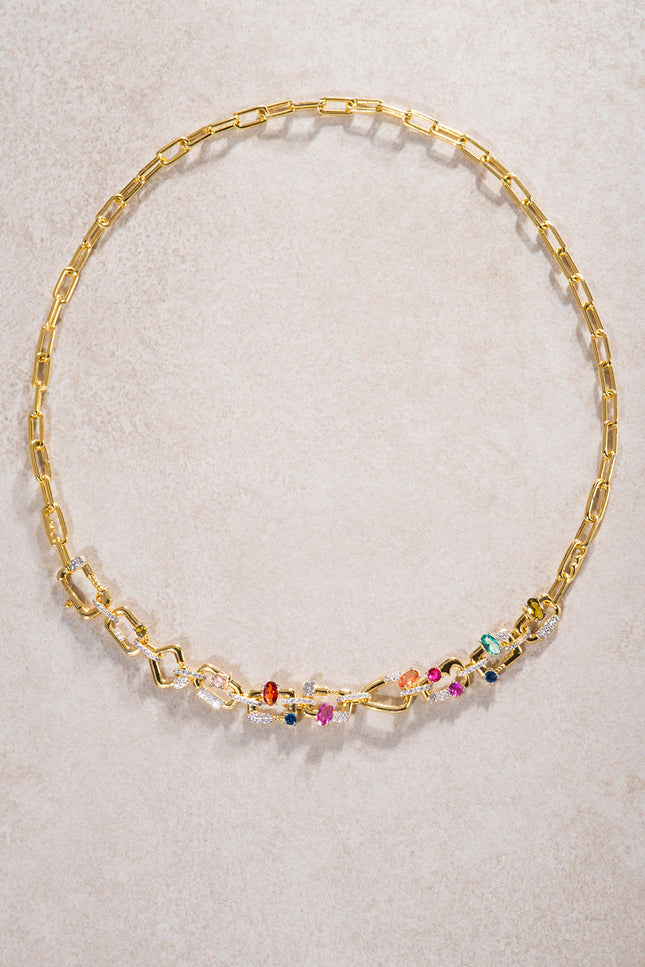 Gold 925 sterling silver necklace with ring and colored stone details 08