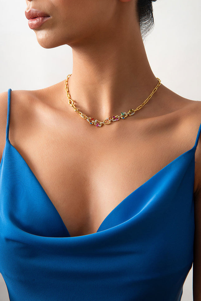 Gold 925 sterling silver necklace with ring and colored stone details 08