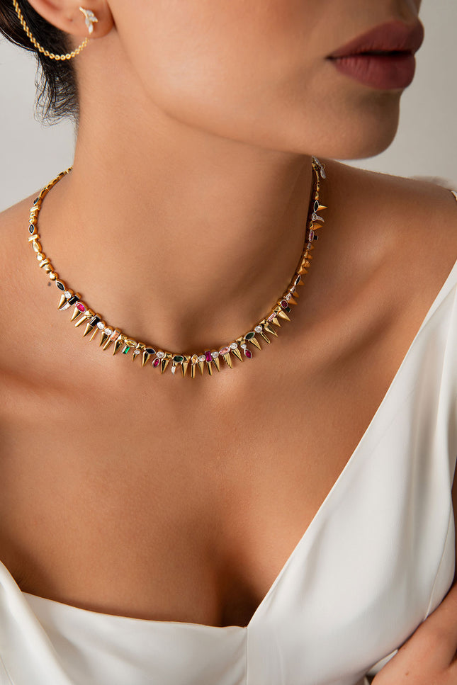 Gold Colorful crystal stone pointed 925 sterling silver necklace 16