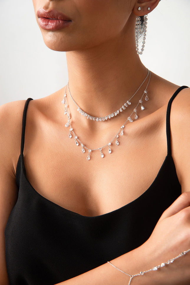 Silver Double sparkle and crystal stone detailed 925 sterling silver necklace 56