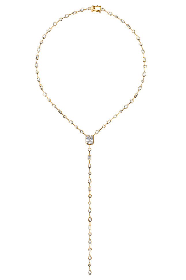Gold Long Y-shaped 925 sterling silver necklace with crystal stone detail 168