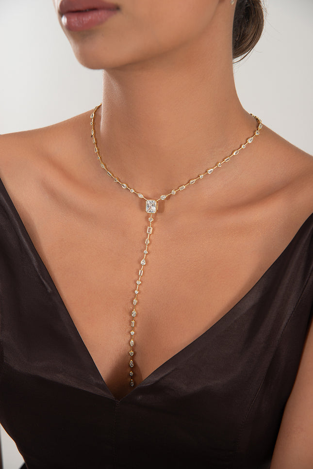 Gold Long Y-shaped 925 sterling silver necklace with crystal stone detail 168