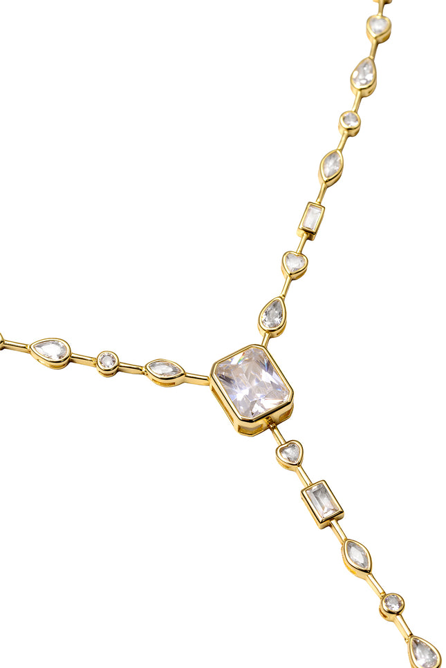 Gold Long Y-shaped 925 sterling silver necklace with crystal stone detail 168