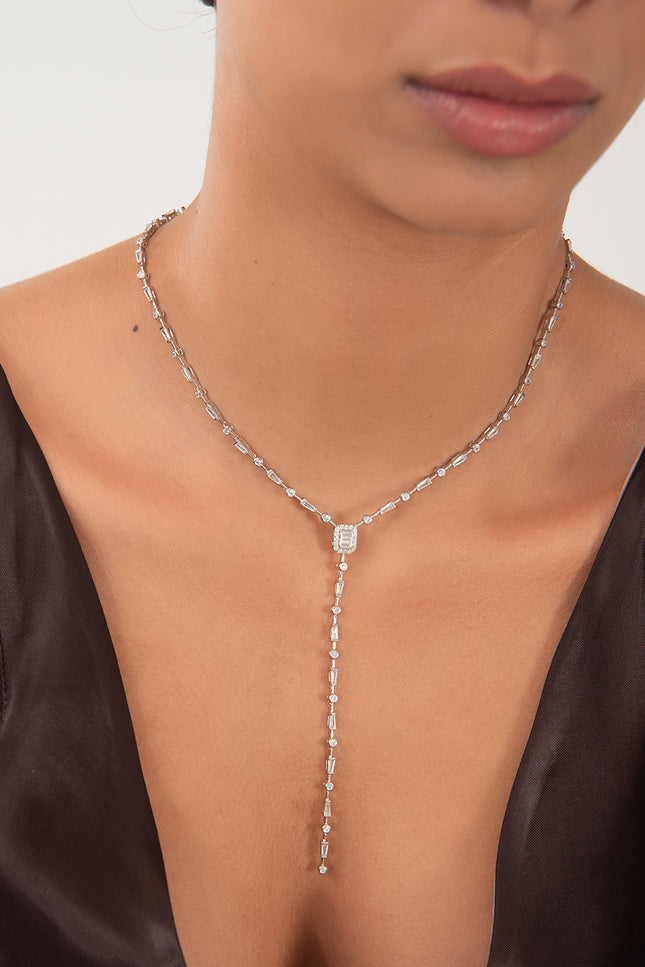Silver Long Y-shaped 925 sterling silver necklace with crystal stone detail 170