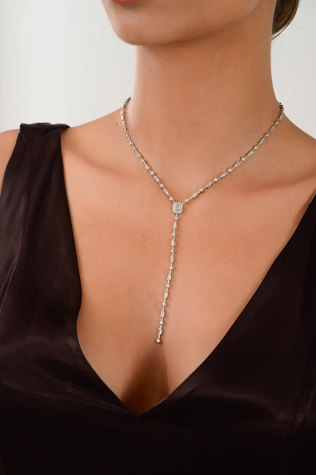 Silver Long Y-shaped 925 sterling silver necklace with crystal stone detail 170