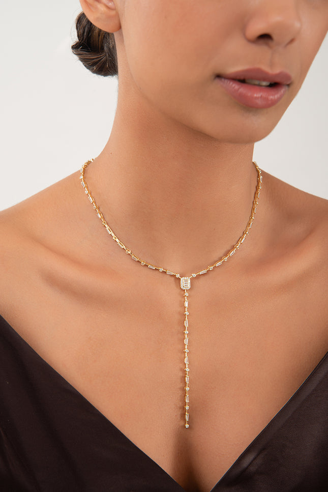 Gold Long Y-shaped 925 sterling silver necklace with crystal stone detail 170