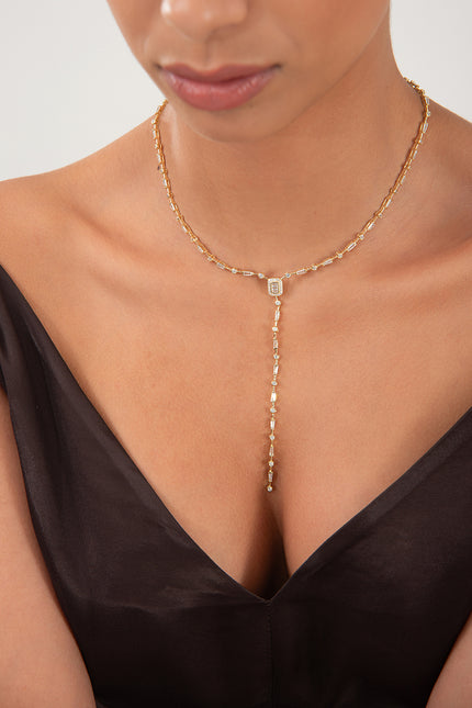 Gold Long Y-shaped 925 sterling silver necklace with crystal stone detail 170