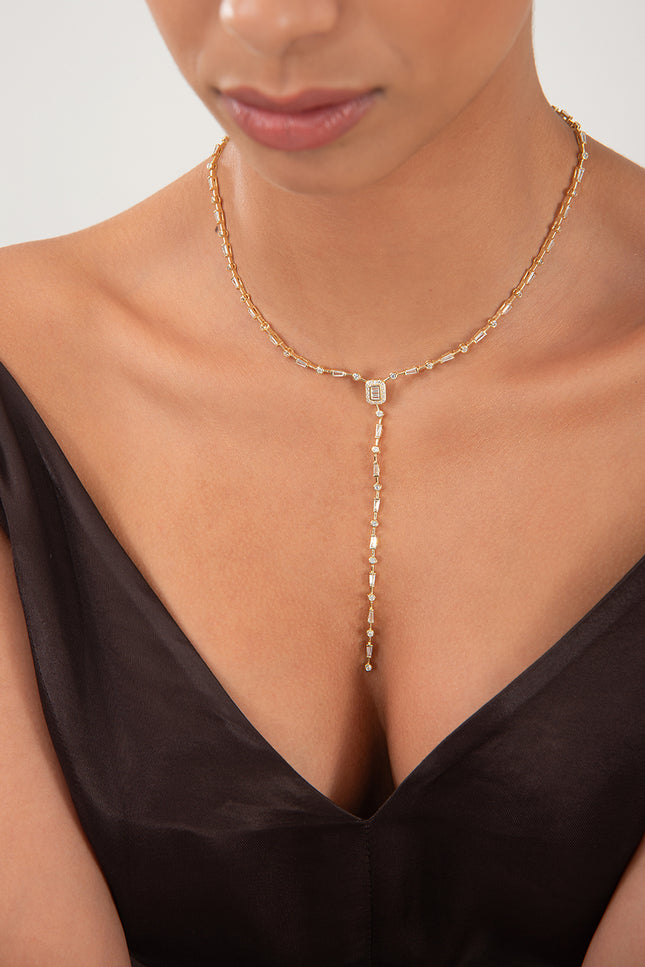 Gold Long Y-shaped 925 sterling silver necklace with crystal stone detail 170