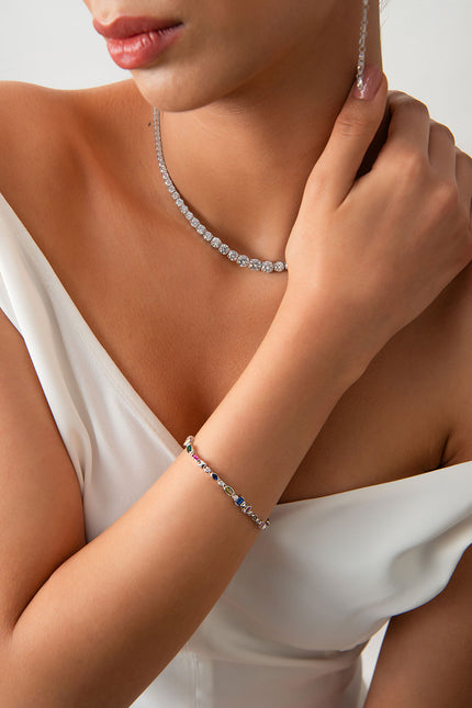 Silver 925 sterling silver colored crystal stone detailed bracelet 25