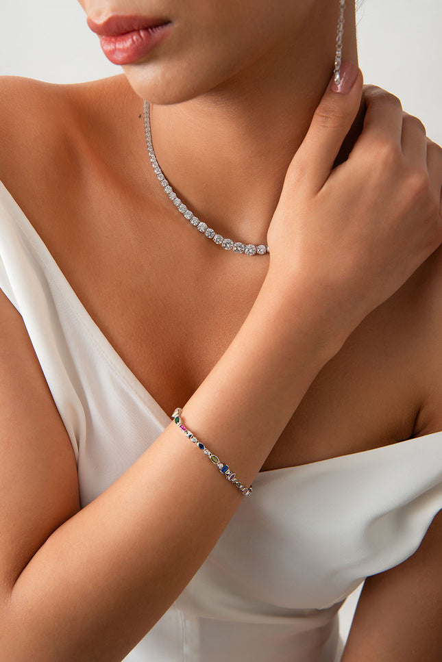 Silver 925 sterling silver colored crystal stone detailed bracelet 25