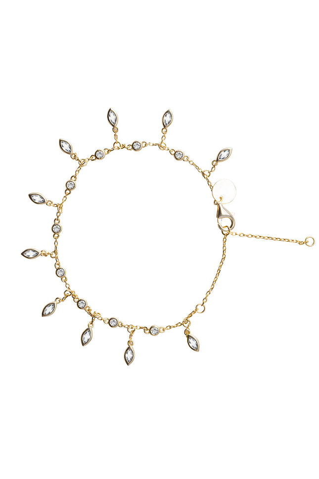 Gold 925 sterling silver bracelet with dangling and teardrop-shaped crystal stone details 119