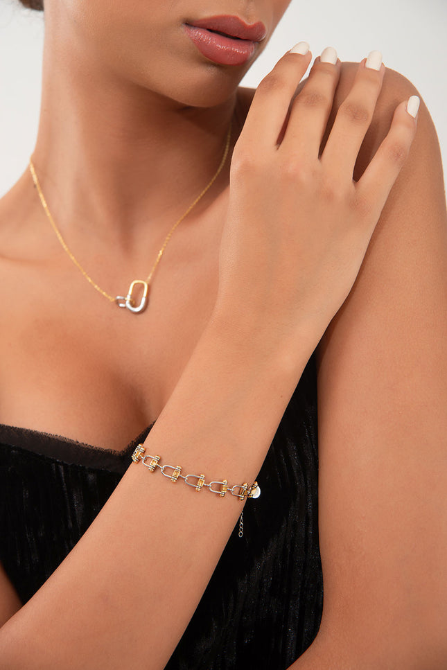 Gold 925 sterling silver bracelet with interconnected rectangular link details 126