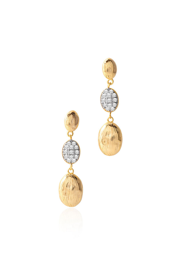 Gold Oval and glossy surfaced 925 sterling silver earrings with central crystal stone detail 159
