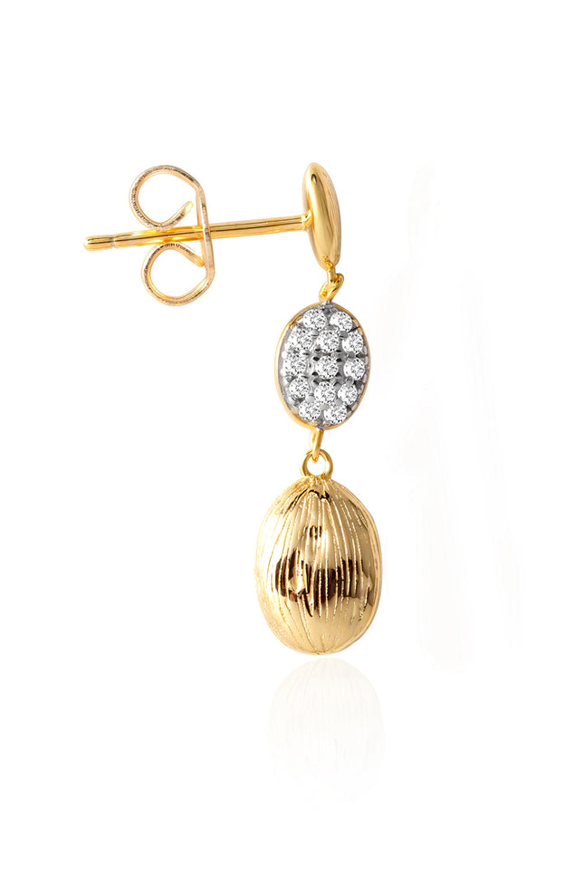 Gold Oval and glossy surfaced 925 sterling silver earrings with central crystal stone detail 159