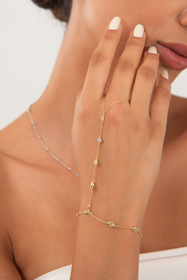 Gold 925 sterling silver hand chain with elegant crystal stone details 147