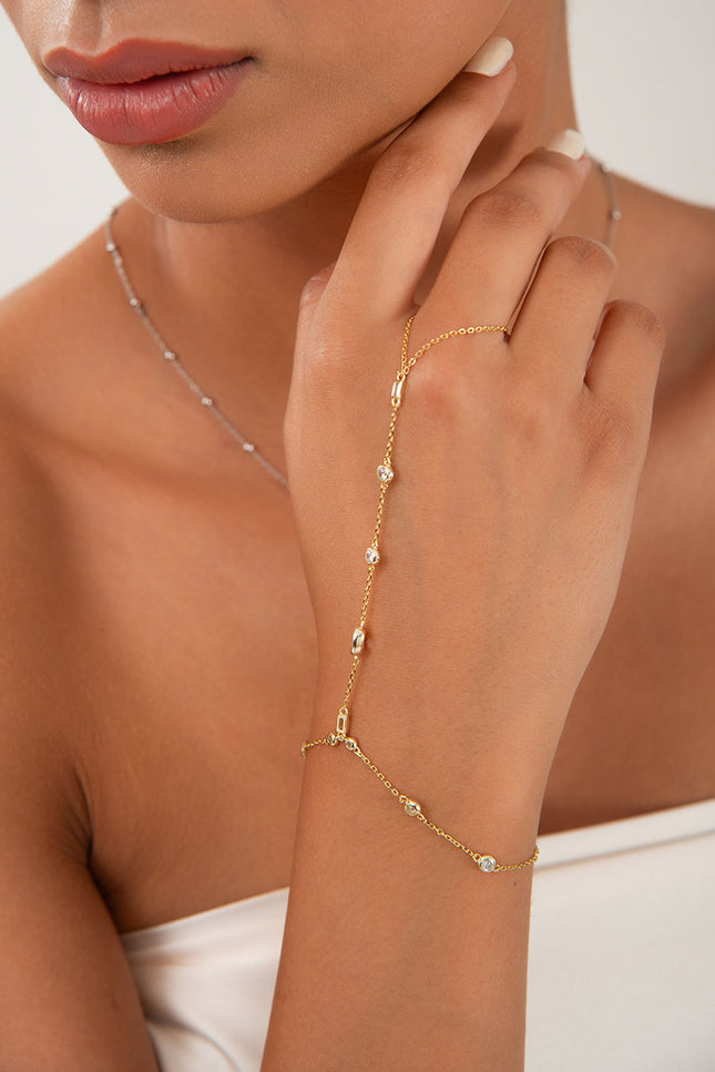 Gold 925 sterling silver hand chain with elegant crystal stone details 147